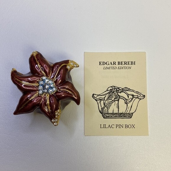 Edgar Berebi Limited Edition Enamel Lilac Pin Trinket Box & Brooch Poinssettia - Picture 7 of 11